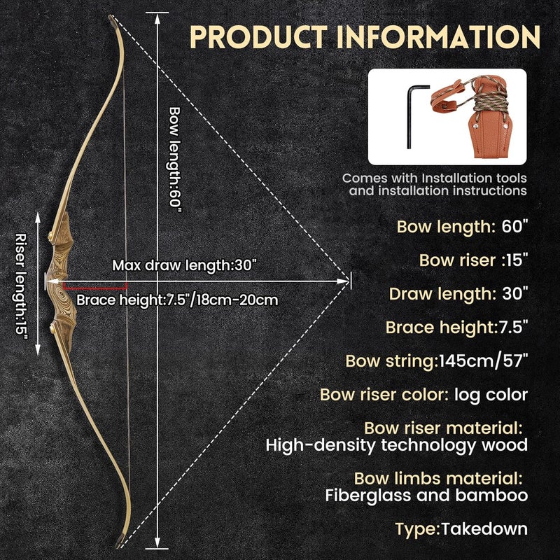 oubert Black Hunter Bow 60 Inch Archery Takedown Recurve Bow 20-60 Lbs Right Hand Hunting Bow with Stringer Tool Wooden Riser Archery Bow Set for Adults Shooting Practice - Image 3